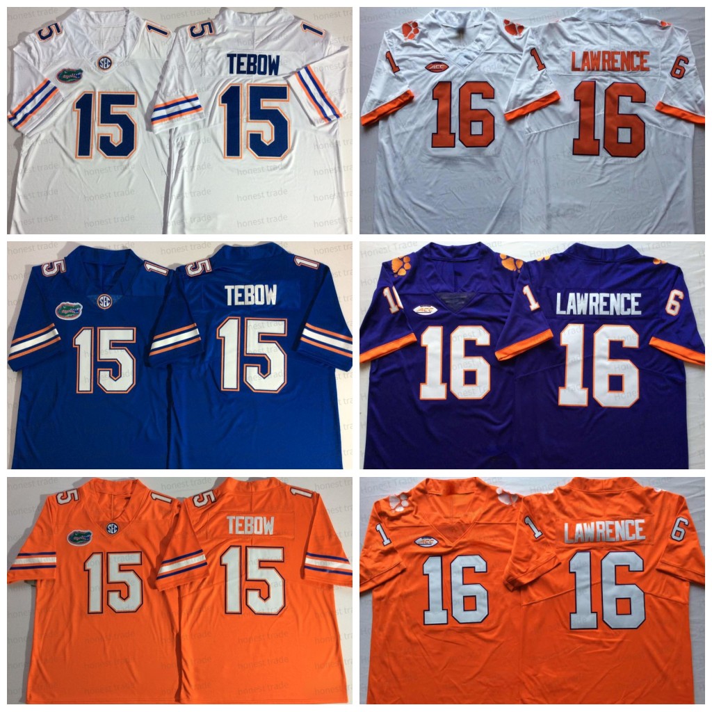 

NCAA Football Jersey 15 Tim Tebow Florida Gators 16 Trevor Lawrence Clemson Tigers White College Men Football Jerseys Stitched, Men jersey
