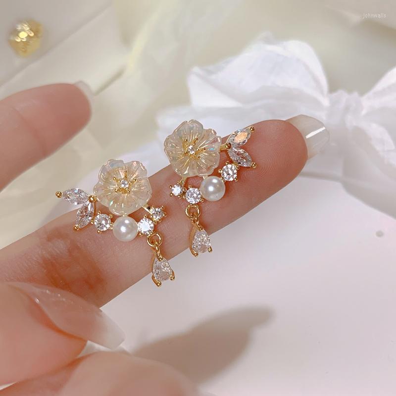 

Backs Earrings Clip-on & Screw Back Korean Style Moon Lingth Pearl Flower Simple Temperament Zircon Clip On Without Piercing EarsClip-on