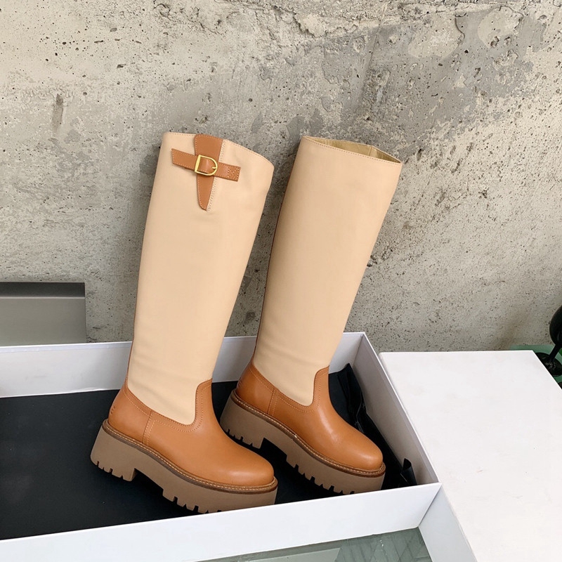 Women Betty Boots Tall Real Leather Boot Welly Shoes Knight knee high boots Simple Platform Knee-High Black Beige Fashion Outdoor kneeboot
