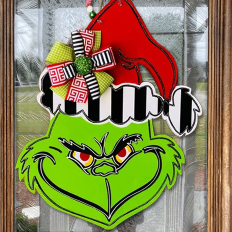 

Christmas decorations wooden house number Grinch head door hanging green hair monster The Grinch garland