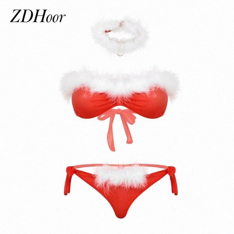 

womens Erotic Sheer Mesh Santa Costume Christmas Lingerie Set Strapless Feather Trim Bra Top Sexy Briefs Underwear With Choker Bras Sets m0d7#, Red