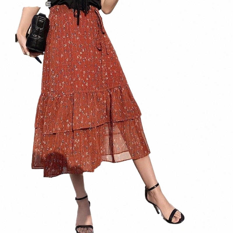 jupes d'←t← imprim← fleuris dames vintage lace up bandage saia midi voltiges en mousseline de mousseline jupe ajust← haute taille 75oc #