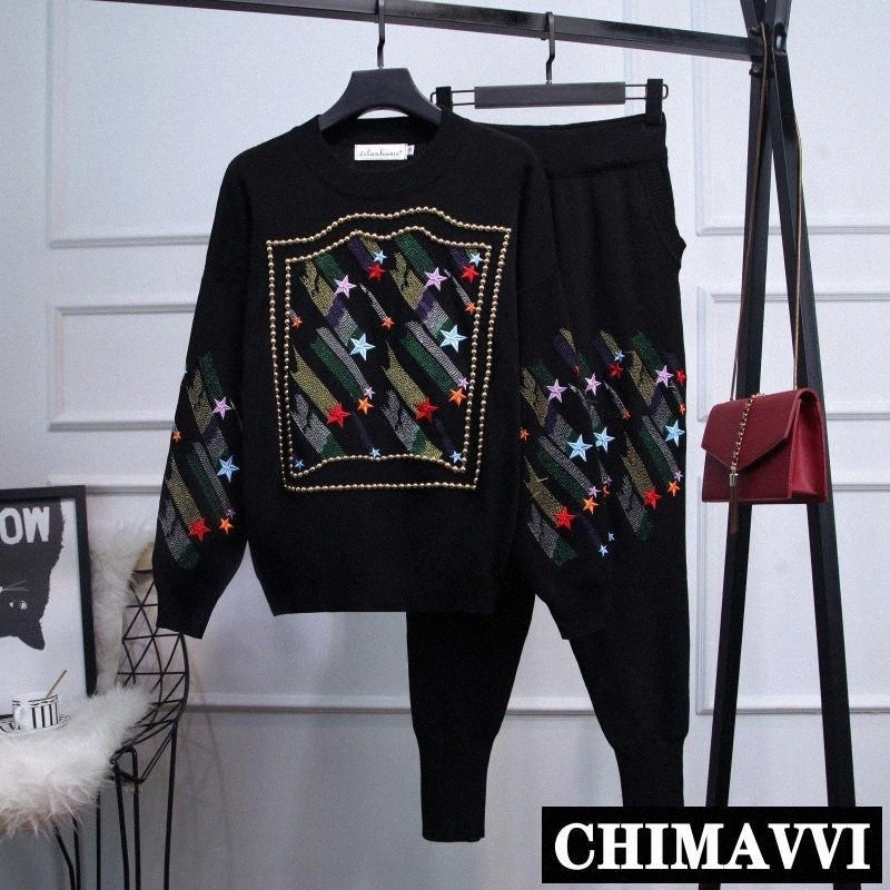 

women's Tracksuits Woman Top Sweater And Pants Two-piece Set Fashion Embroidery Beads Knitted Pullover Casual Winter Track Suit C81l#, G-black