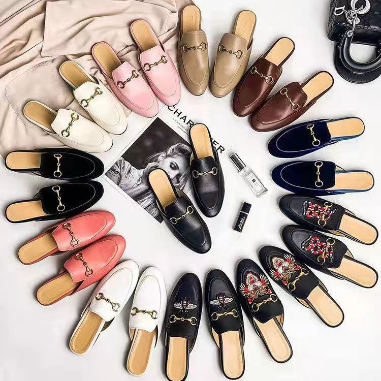 

100% Leather men slippers soft cowhide Lazy women shoes slipper sliders Metal black buckle beach Mules Princetown Classic lady Large size 35-46 slides, Other colors please contact customer se