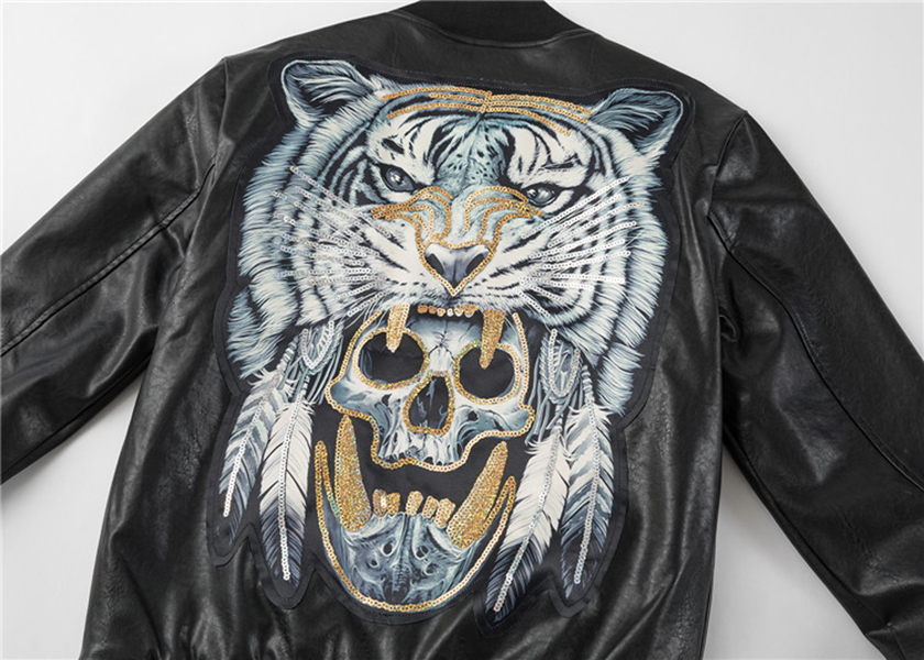 

Tiger head Men's Skull fur Leather Jacket Thick Collar Jacket Simulation Motorcycle P6971, Black