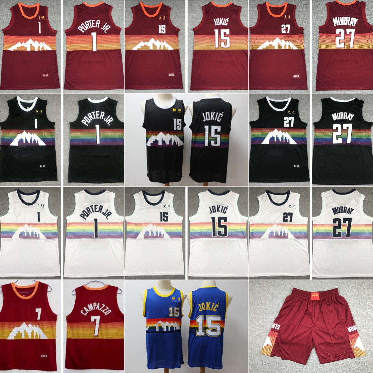 

City Basketball Jerseys 15 Nikola 27 Jamal Jokic Murray 1 Porter Jr. 7 Facundo Campazzo Jersey City Retro Red Black White Blue Man XS, Same as picture