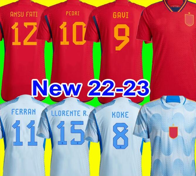 

2023 spain soccer jerseys espana 10 pedri morata ferran koke gavi torres azpilicueta 22 23 world ramos cup fans player version football shirts men kids kit, 23 away+patch