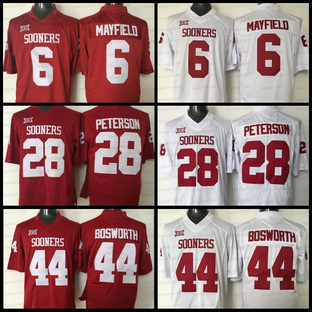 

NCAA 6 Baker Mayfield Football Jersey Oklahoma Sooners 28 Adrian Peterson 44 Brian Bosworth College Maroon Red White Stitched Men Jerseys