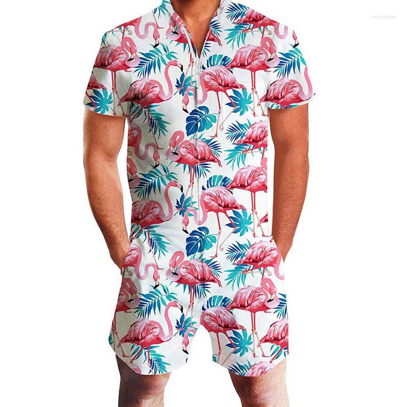 Men's Tracksuits CYSINCOS Flamingos Floral Print Rompers Men 3D Funny Short Sleeve Jumpsuit Summer Playsuit Overalls Casual One Piece