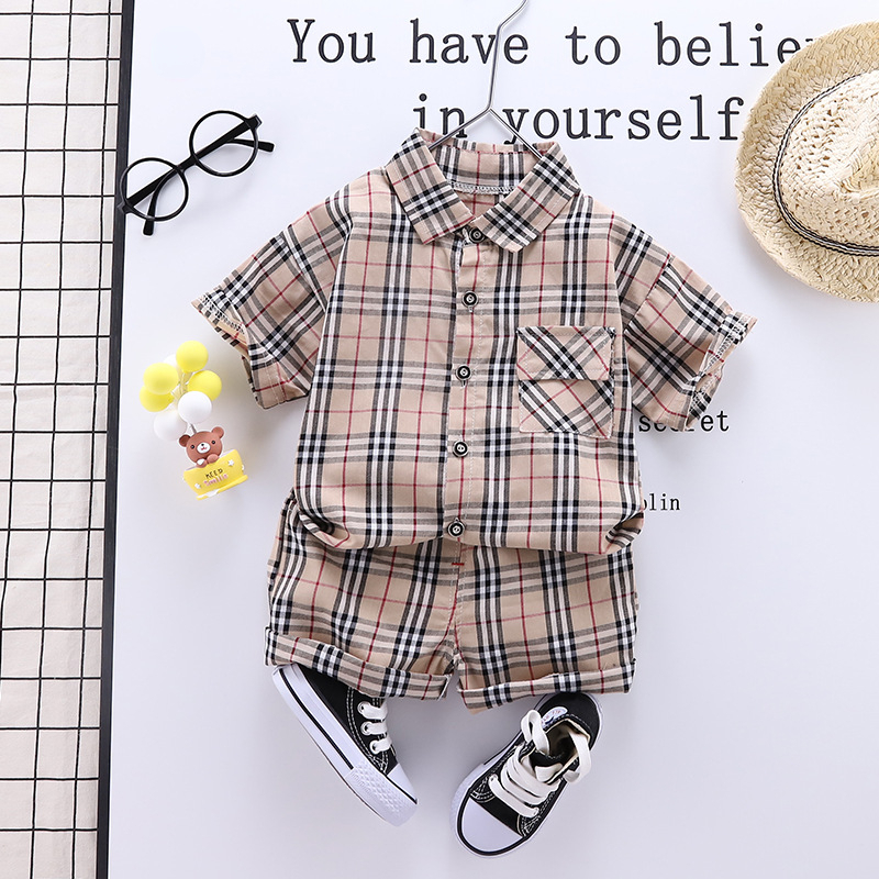 

Summer Baby Clothing Set for Boys Casual Clothes Set Plaid Top Shorts Infant Sport Suits Kids Outfits, Khaki