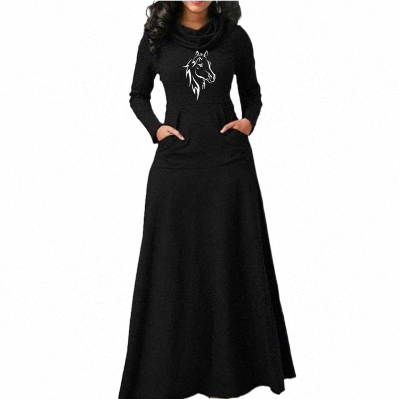 

horse Long Sleeve Woman Dress Print Fit And Flare Vintage Ladies Office Work Elegant Dresses Casual Party Vestido Women' Hoodies & Sweatshi H2JE#