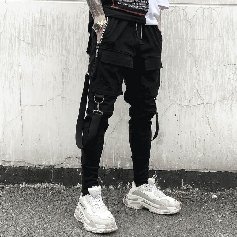 GODLIKEU Summer Hip Hop Pants Men's Korean Trend Skinny Ribbons Cargo Black Trousers