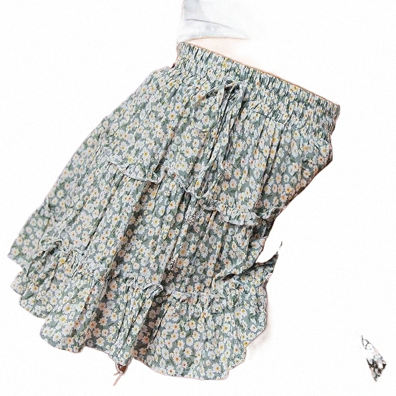 jupes NLW 2021 Summer Imprim← court jupe f←minine Vintage Holiday Elastic Lace Lace Up Mini Robe Ruffle Casual Ruffle Empire Plus Size Y8LQ #