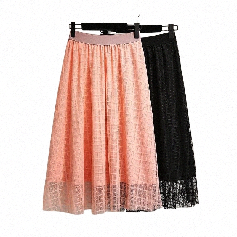skirts Women's Plaid Mesh Lace Knee A Line Skirt Elegant Black High Waist Summer 2021 Women Clothing Plus Size 6XL S3ab#