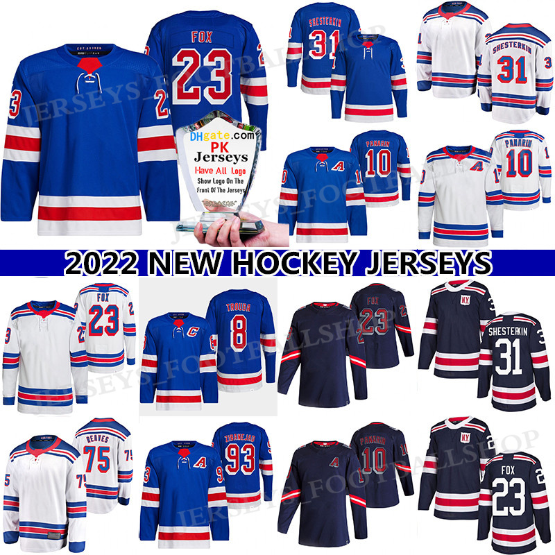 

23 Adam Fox jerseys 31 Igor Shesterkin 10 Artemi Panarin 24 Kaapo Kakko 75 Ryan Reaves 20 Chris Kreider 8 Jacob Trouba 93 Mika Zibanejad Reverse Retro hockey jersey, Blue