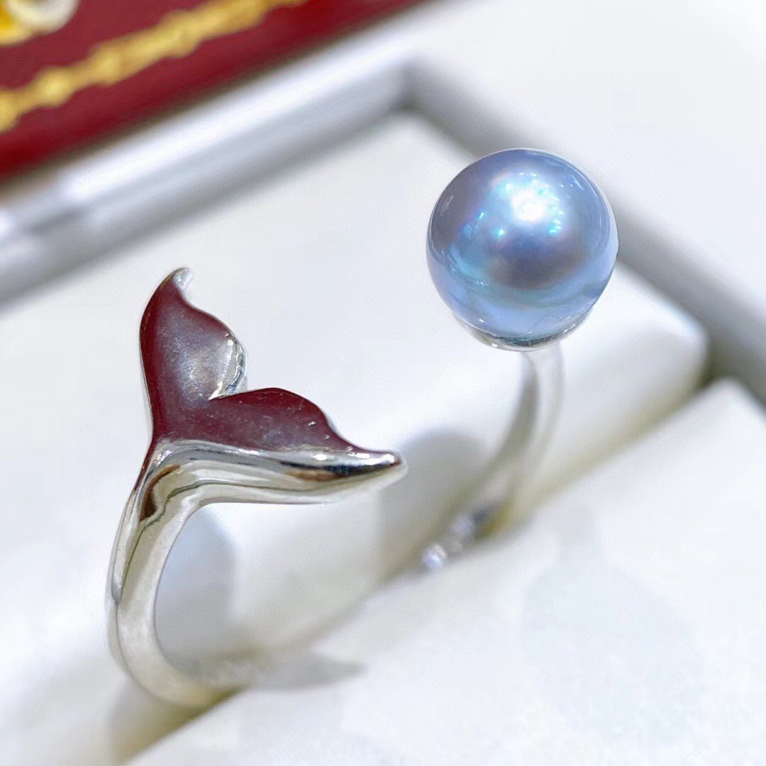 

22091802 Diaomondbox Jewelry ring 6-6.5mm akoya blue pearl white gold plated sterling 925 silver adjustable mermaid fish tail open stylish fashion girl