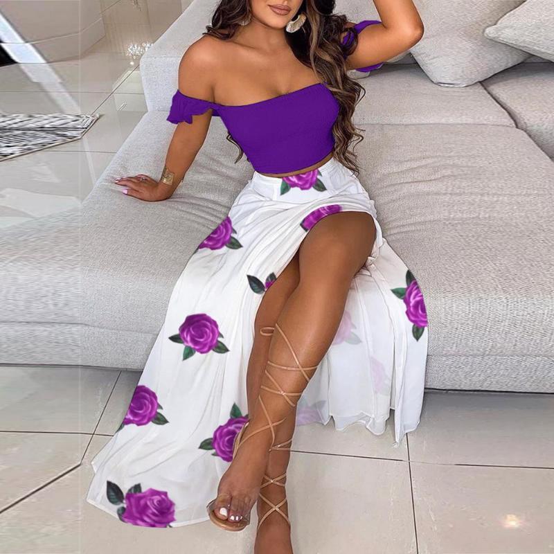 

Women's Swimwear Holiday Summer Off Shoulder Short Sleeve Blouse Floral Print High Slit Two Piece Set Women Long Beach Skirt And Crop Tops, Rainbow