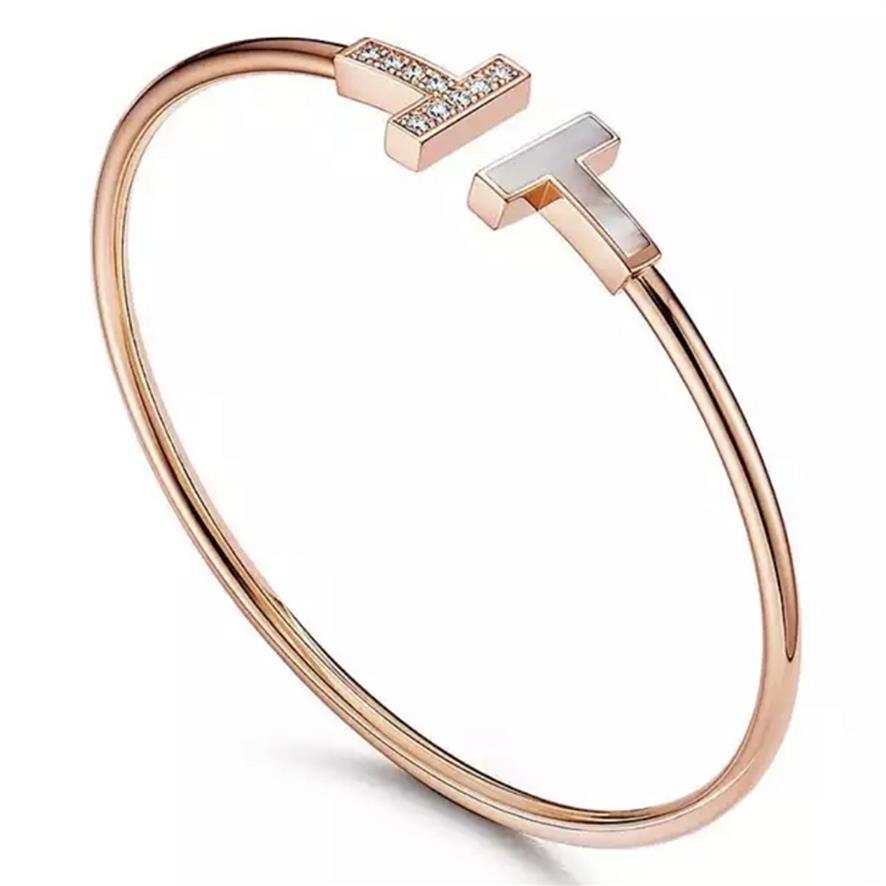 

Double T Wristband White Fritillaria Women's Bracelet 17cm Open Designer Bracelets Adjustment Silver Rose Gold wi1700