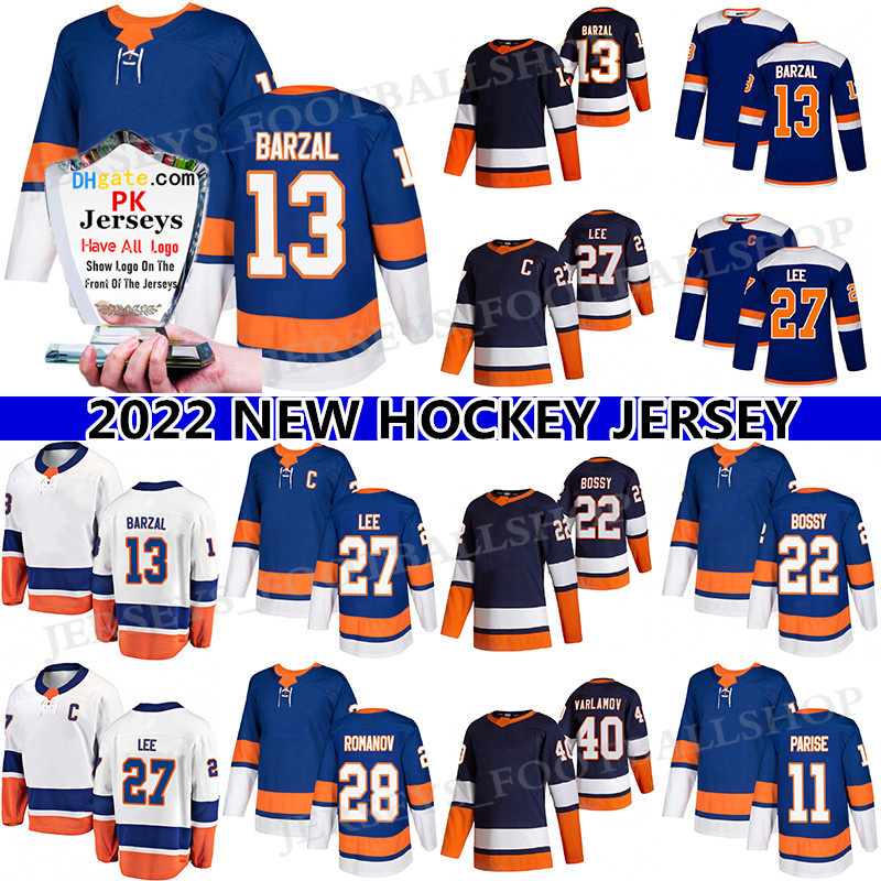

13 Mathew Barzal hockey jersey 27 Anders Lee 28 Alexander Romanov 11 Zach Parise 40 Semyon Varlamov 22 Mike Bossy Reverse Retro jerseys, Blue