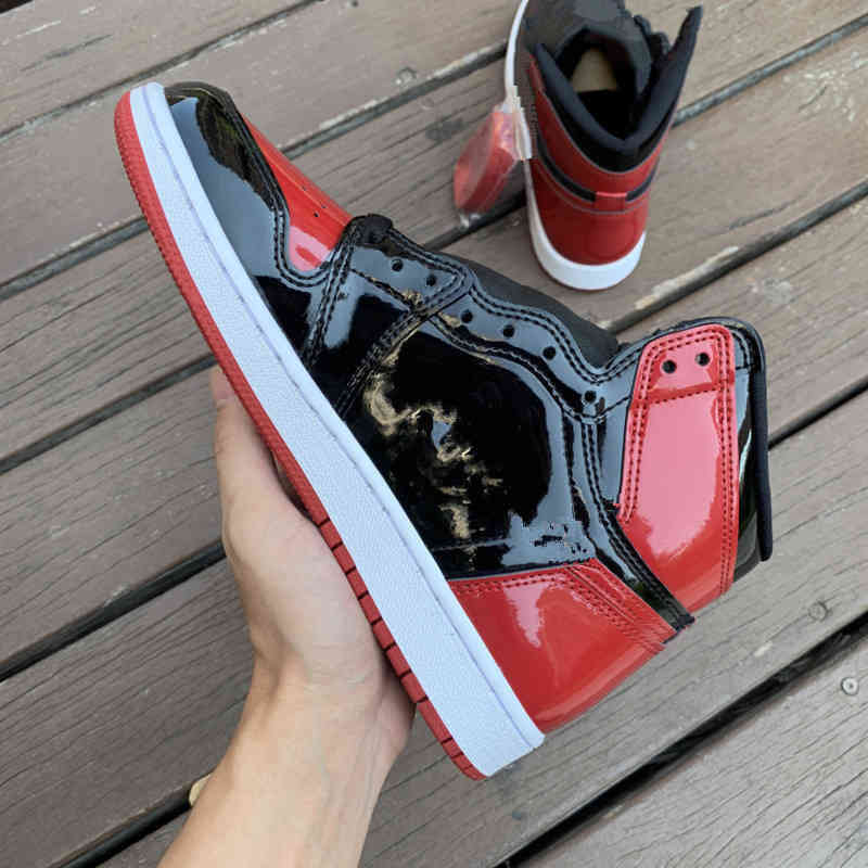 

Jumpman 1 High OG Bred Patent Basketball Shoes Men Women RED BLACK 1s Patent leather sport Sneakers With Size 13, Extra pay for lace