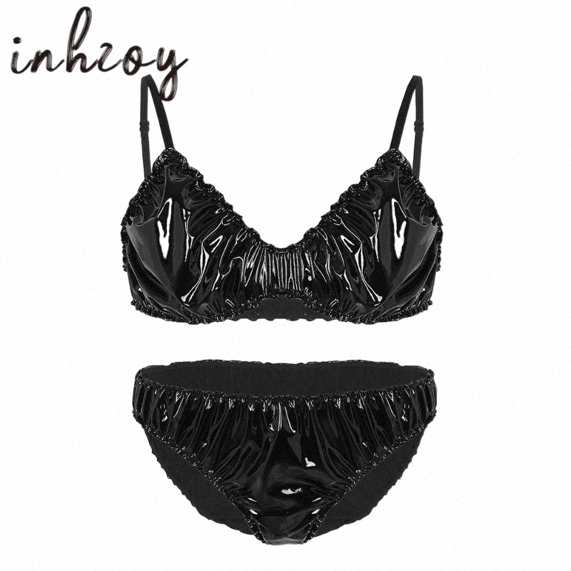men Lingerie Set Crossdressing Wetlook Faux Leather Spaghetti Straps Sexy Bra Briefs Sissy Panties Erotic Gay Underwear Bras Sets W7JL#