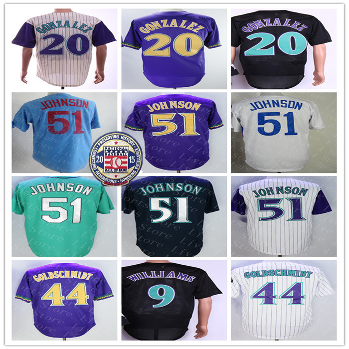 

Men Randy Johnson Jersey Hall Of Fame Matt Williams Luis Gonzalez Paul Goldschmidt Cream Purple Pinstripe Black Stitched Vintage Baseball Uniforms, Men cream