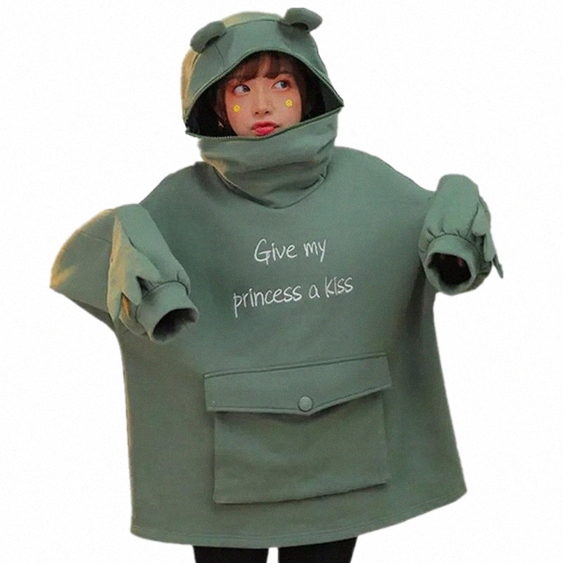 women Autumn Thick Loose Oversize Sweatshirt Harajuku Letters Printed Frog Casual Hooded Hoodies Thicken Pullover Female Women's & Sweatshir