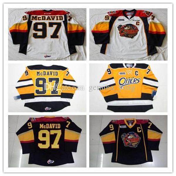 

Hockey Custom Erie Otters Ice Hockey 97 Connor McDavid 9 Ryan OReilly Stitched 19 Dylan Strome Any Number Name Navy Yellow White OHL Jerseys