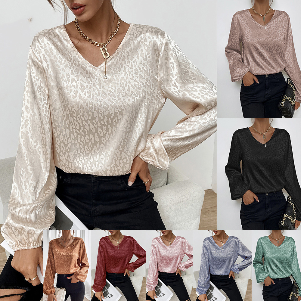 

Leopard print shirt women' 2022 autumn new V-neck jacquard shirt, Brown