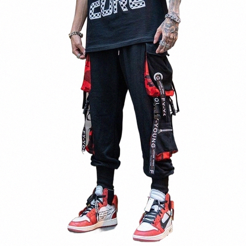 

men's Pants Men Hip Hop Black Cargo Joggers Sweatpants Overalls Ribbons Streetwear Harem Women Fashions Trousers1 Y3m6#, Color 3