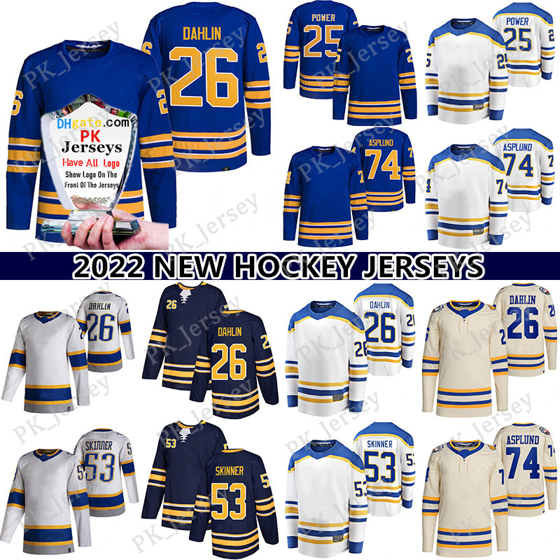 

26 Rasmus Dahlin Heritage Classic hockey jersey 25 Owen Power 53 Jeff Skinner 89 Alex Tuch 21 Kyle Okposo 74 Rasmus Asplund Reverse Retro jerseys, Blue