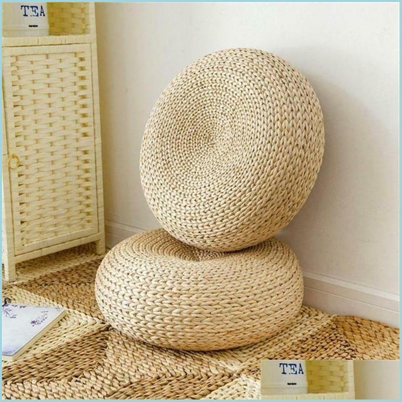 

Cushion/Decorative Pillow Tatami Cushion Natural St Round Pouf Hand Woven Mat Chair Japanese-Style For Meditation Yoga Pad Floor Pill Dhpum, 40x40x7cm