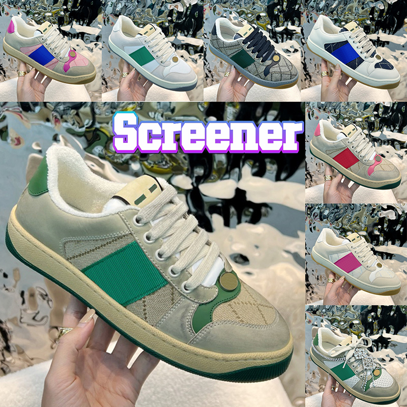 

Top Screener Casual Shoes Designer mens Vintage Dirty sneaker with box Classic Leather Web Butter beige white ebony green treated Black Suede Men women sneakers, Shoe box