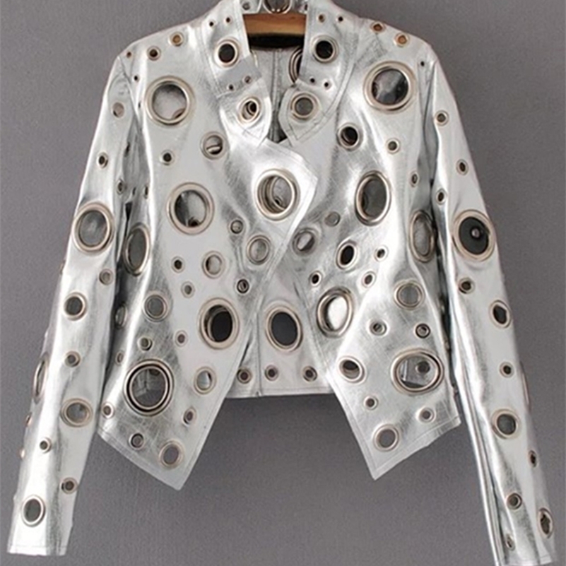 

Women's Leather Faux Lautaro Runway Cut Out Short Jacket Golden Rivet Cool Stylish Designer Clothes Women European American Fashion 220916, Silver