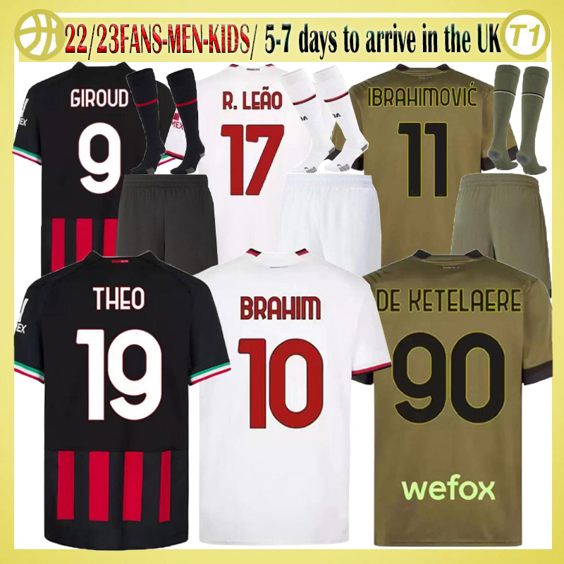 

IBRAHIMOVIC 22 23 soccer jersey AC MILANS GIROUD R.LEAO BENNACER Theo ROMAGNOLI FLORENZI TONALI REBIC 2022 2023 football shirt maillot men kids kit full set socks, Away+ player version