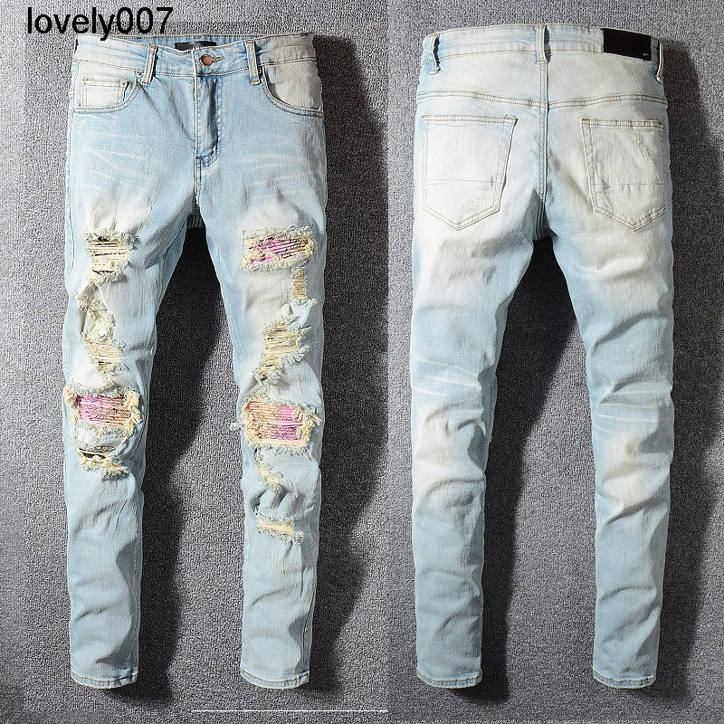 

Men's Jeans 589 high street fashion brand amirs jeans men's personality fashion wear patch broken splicing slim fit pants, Light blue