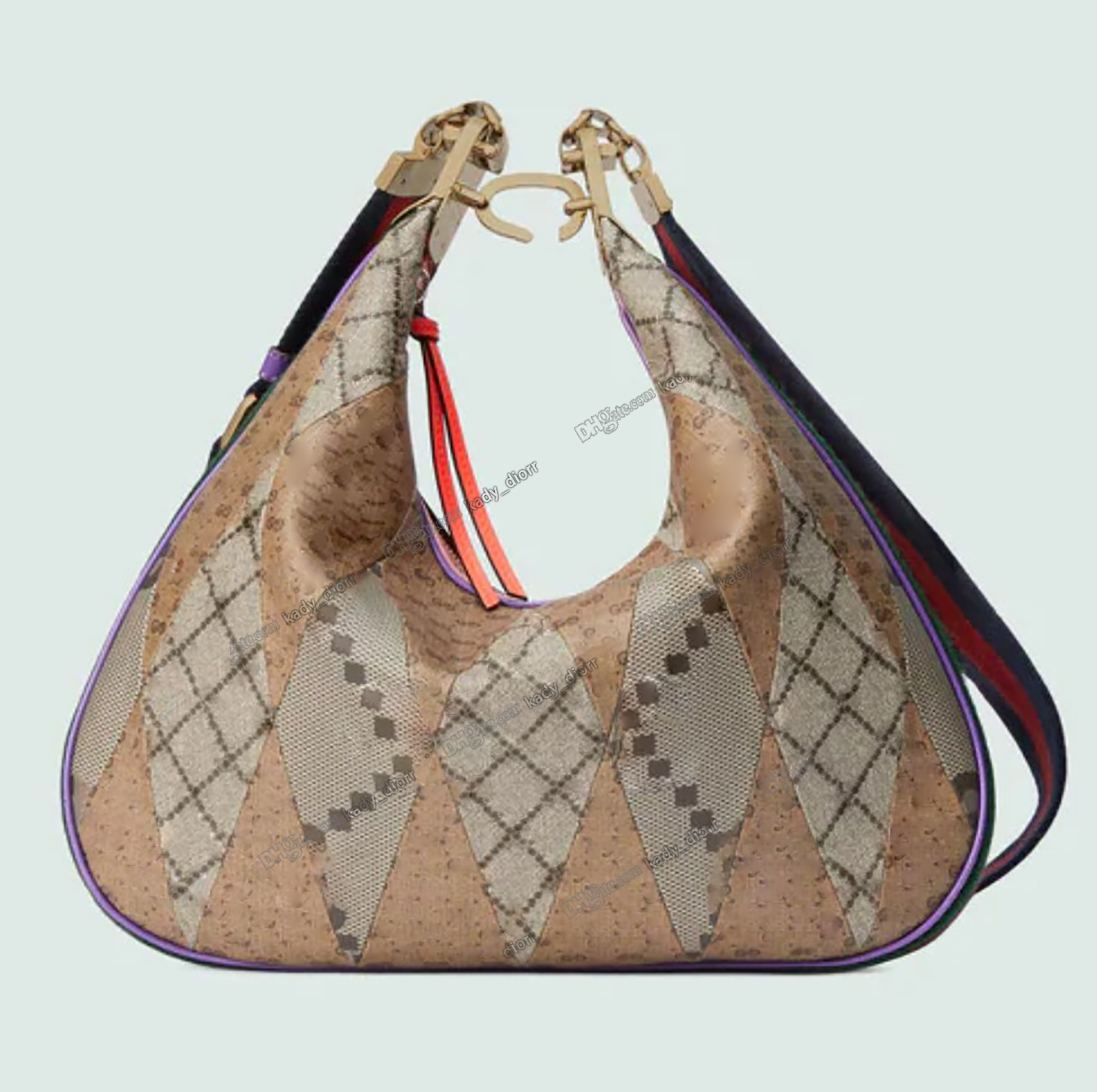 

Attache large shoulder bag Beige blue canvas crescent moon G shaped hook closure ebony Blue red Web trim additional leather strap Designer Luxury crossbody Handbags, Customize