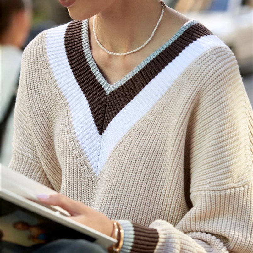 Women's Sweaters Winter Autumn Striped Brown Knitted Oversize Warm Loose Jumper Thick Vintage V Neck for Women 220916