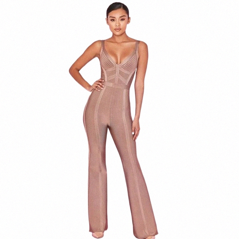 Les combinaisons pour femmes Rompers 2021 Bandage Rayon Brown Sexy Deep-V Long Zipper BodySuit Women Party Club Jumpsuit M0ZK #
