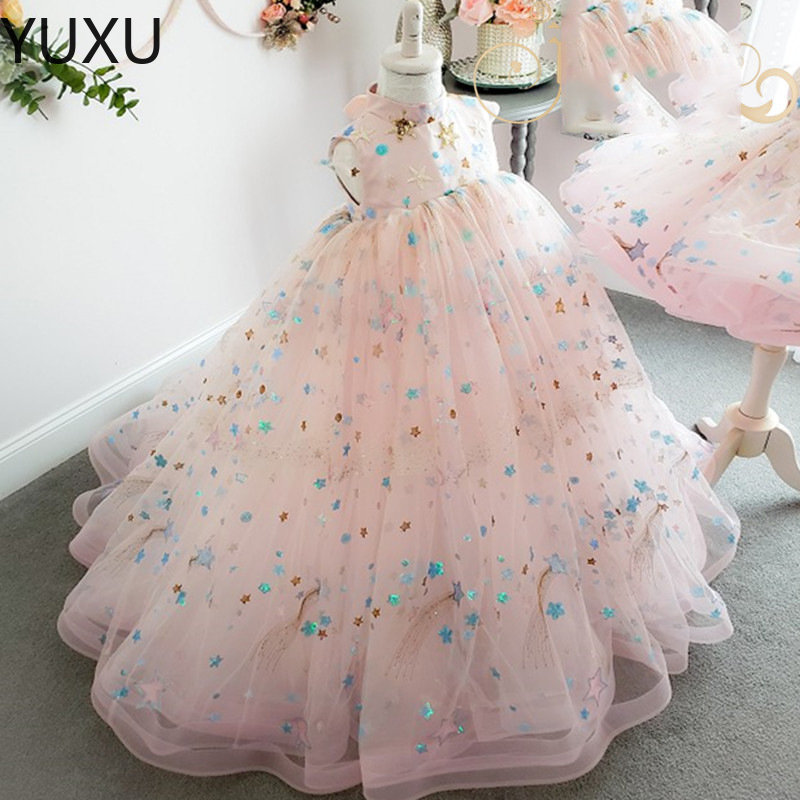 Cute Pink Lace Flower Girl Dress Bows Children&#039;s First Communion Dress toddler pageant Princess Formal Tulle Ball Gown Wedding Party Dress-image-804848660