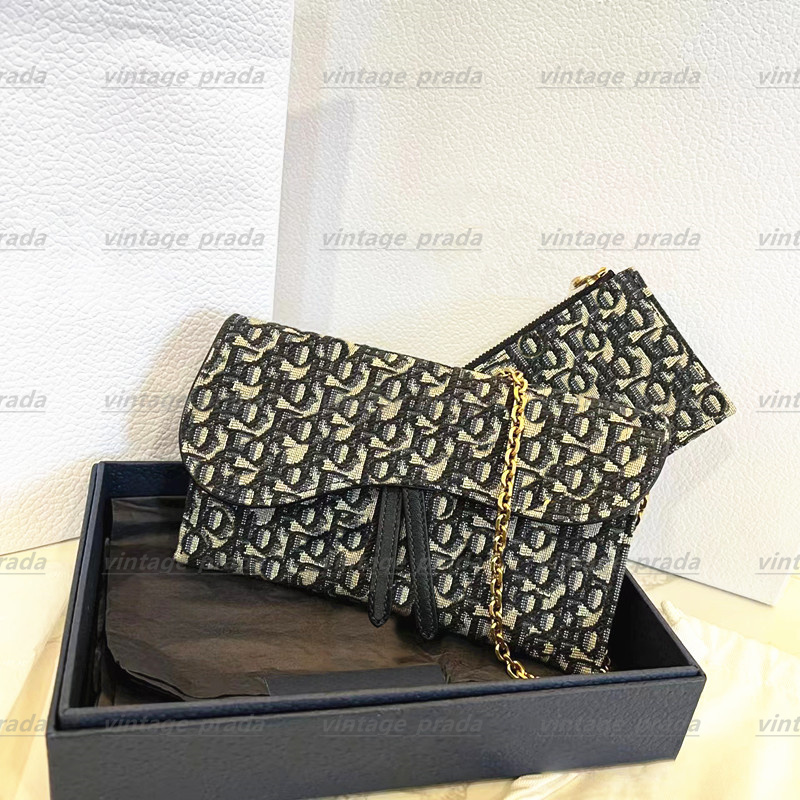 

Designer 2PCS long chain embroidery saddles bag Luxury mens women's with coin purse pochette two piece set handbags brand crossbody metal sign clutch shoulder bags, Box