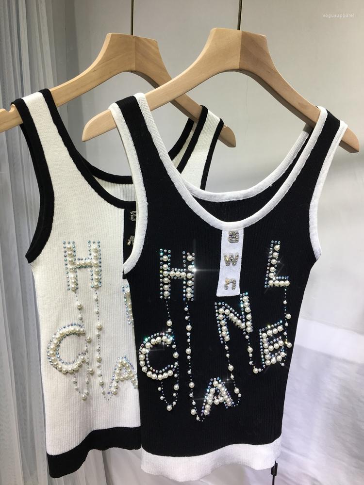 

Women's Tanks High Quality Beading Female Camisole Summer Fashion Slimming Top Sleeveless Stretch Knitted Vests Bottoming Shirt, Black