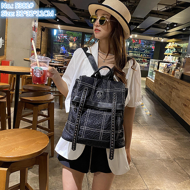 

Wholesale factory ladies shoulder bag street personality rivet punk backpack outdoor leisure leather backpacks vertical large capacity plaid handbag, Black-5381#