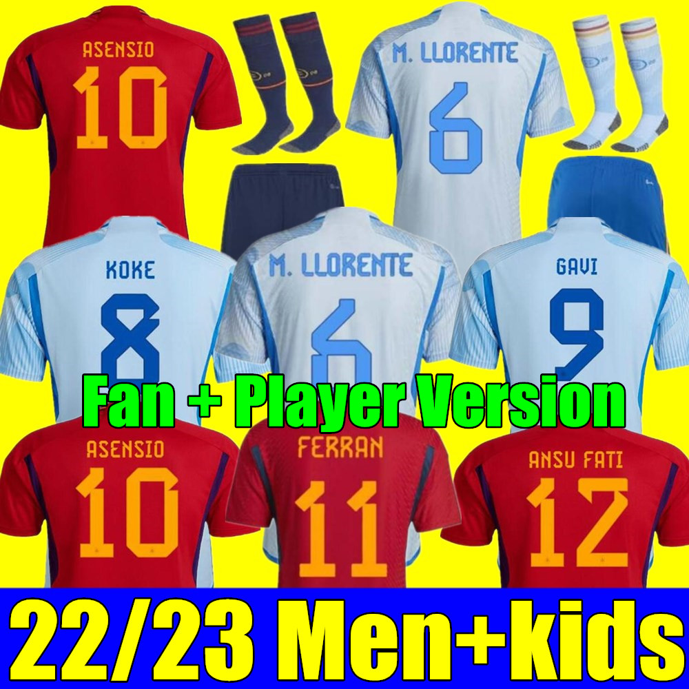 

2022 Spain soccer jerseys PEDRI Espana Player version MORATA FERRAN KOKE GAVI AZPILICUETA RAMOS football shirts 22 23 men adult kids kits LLORENTE ANSU FATI, Women away+world cup patch