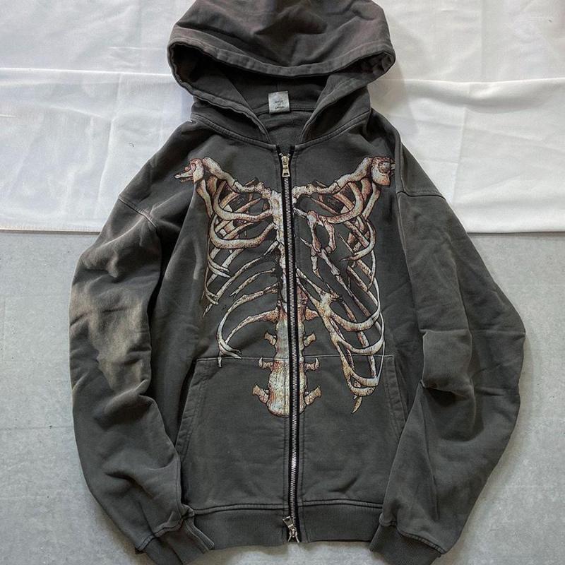 

Men's Hoodies Y2K Gothic Streetwear Skeleton Print Oversize Hoodie Men Women Punk Harajuku Hip Hop Zipper Sweatshirt Female Mall Goth Top, Black grey