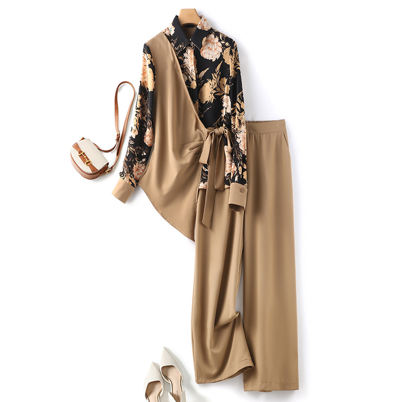 2025 Automne Black / Kaki Floral Imprimer des pantalons en deux pièces Ensemble de pantalons à manches longues Blouse de lambris + combinaison de