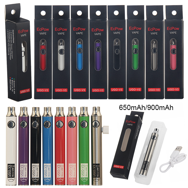 

UGO-V3 Vape Battery 650mAh 900mAh VVV Variable Voltage 510 Thread Preheat Vape Battery E Cigarette With USB Cable Box Pack Batteries