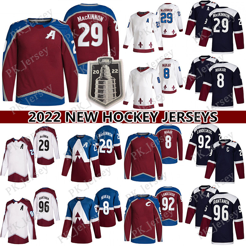 

2022 Stanley Cup Champions hockey jersey 29 Nathan MacKinnon 8 Cale Makar 96 Mikko Rantanen 92 Gabriel Landeskog 19 Joe Sakic Reverse Retro jerseys, Wine red