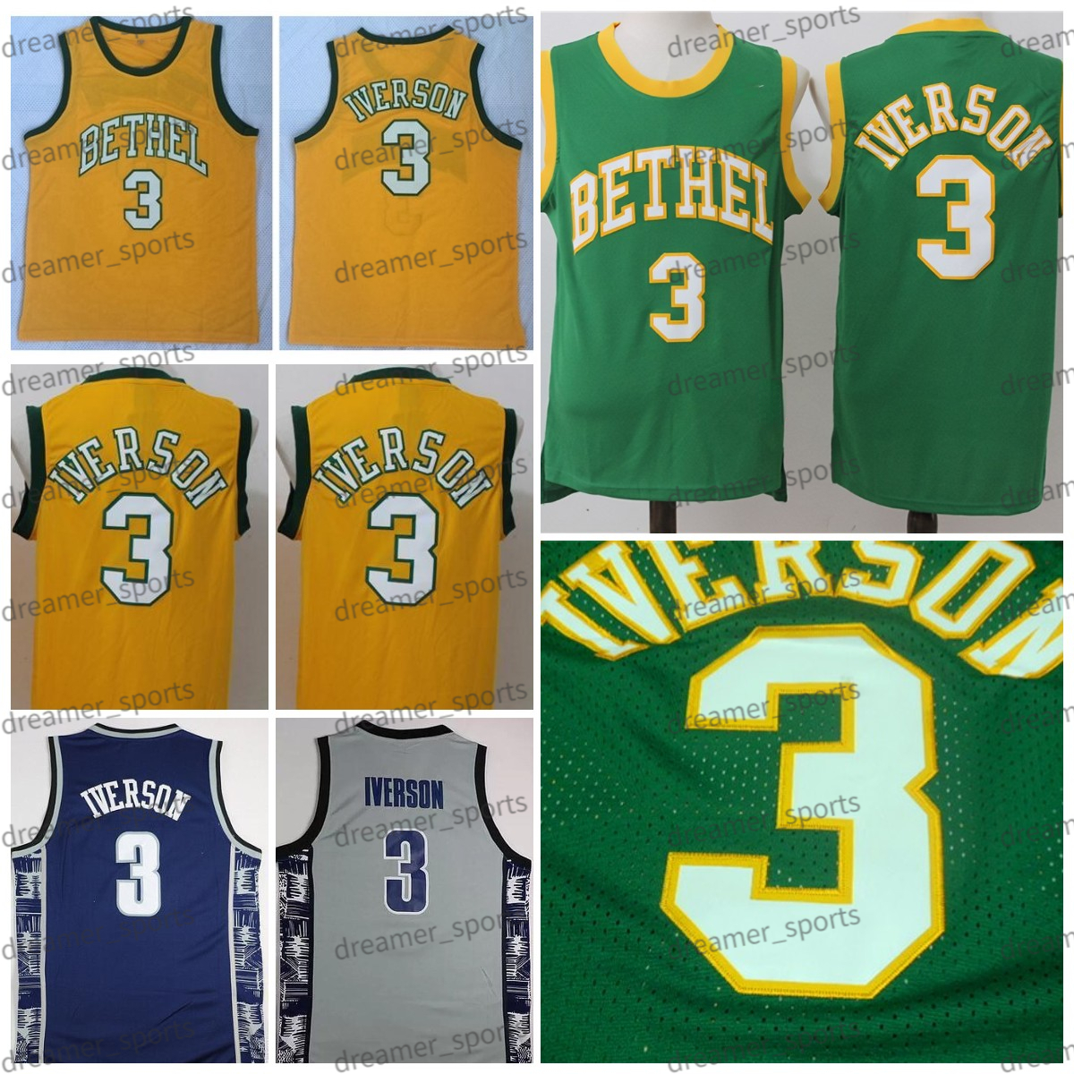 

NCAA Bethel 3 Allen Iverson Basketball Jersey Georgetown Hoyas High School College Green Yellow Grey Men Jerseys