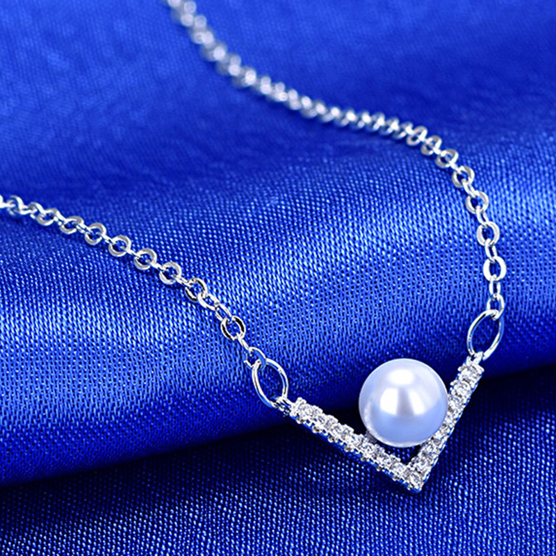 

V Pendant Necklace S925 Silver Plated White Pearl Engagement Wedding Jewelry